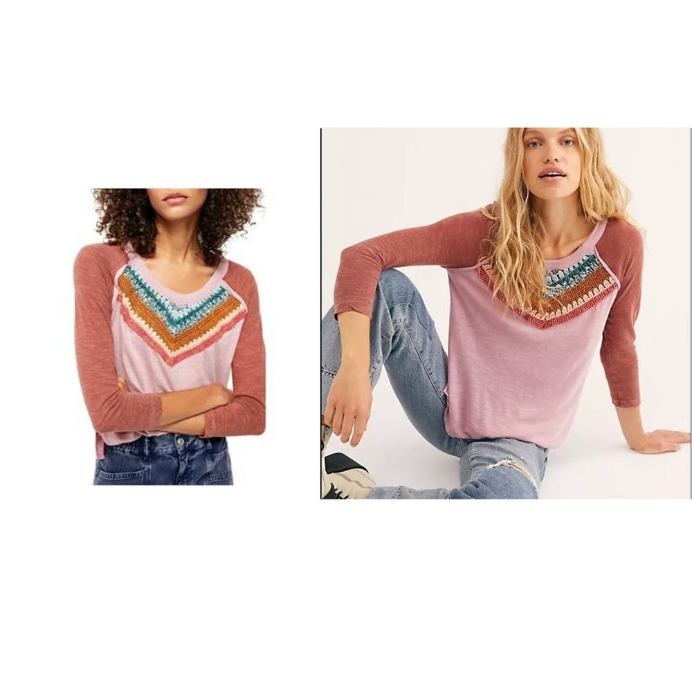 Free People Women's Spring Bound Crochet Yoke Top Pink